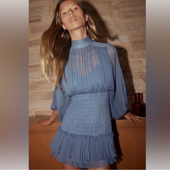 Shona Joy Dresses & Skirts - Shona Joy Ocean Blue Ruched Long Sleeve Dress